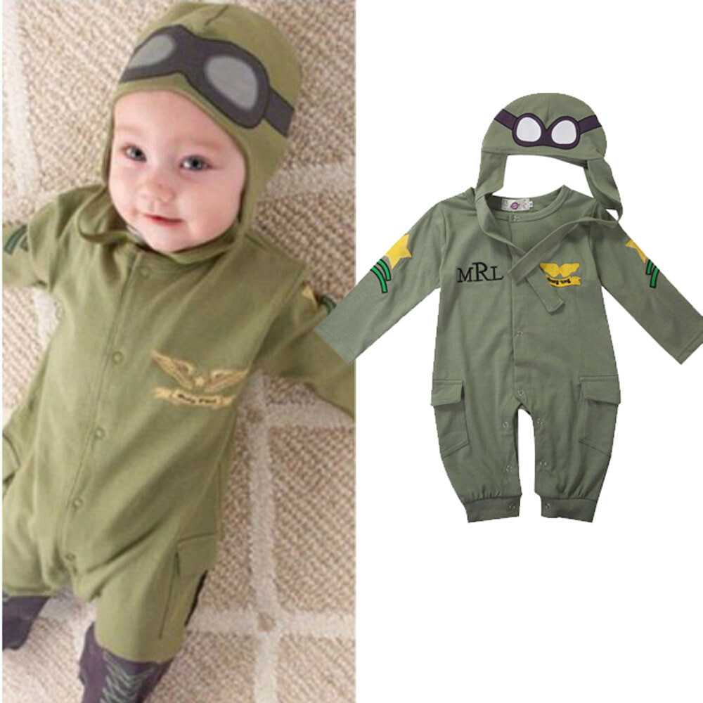 Newborn Baby Boys Kids Cute Fly Polit Rompers+Fashion Cap Hat Outfits Clothes