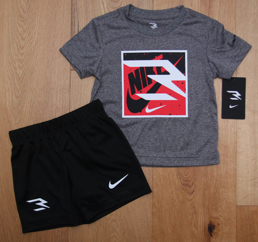 Nike Toddler Boy 2 Piece Shirt & Shorts Set ~ Gray, Black, Red & White ~ DRI-FIT