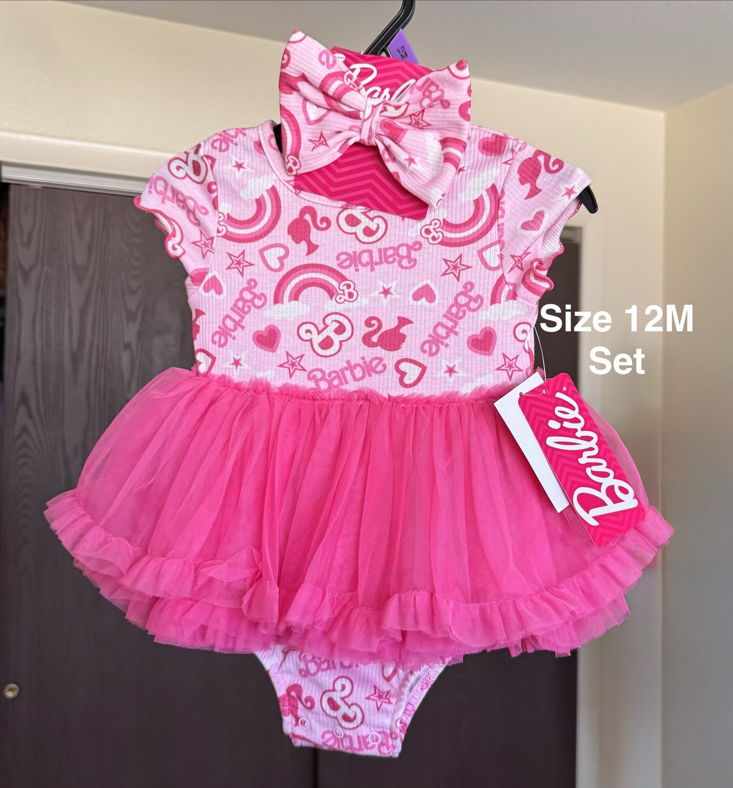 Barbie Baby Girls Tutu Dress Bodysuit with Matching Headband, Size 12months