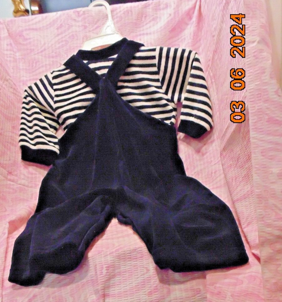 2 pc Boys Good Lad Apparel Navy Overalls w/Bear & Stripe Top Size 6-9 Months