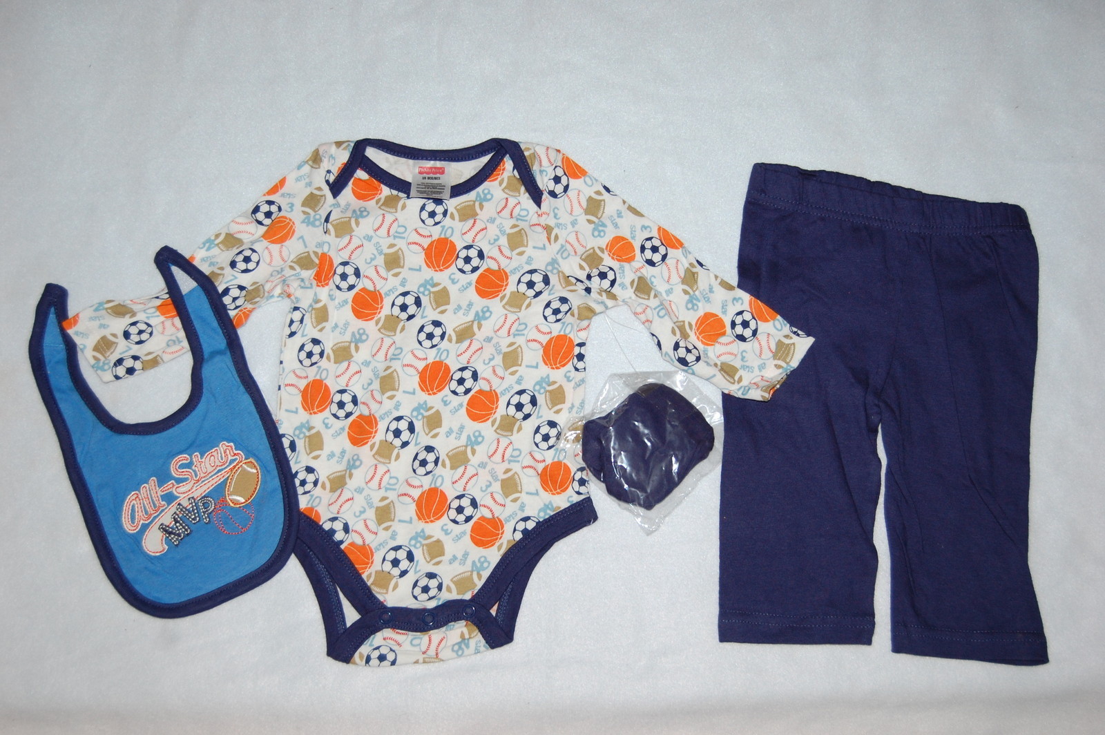 Baby Boys 4 PC OUTFIT Sports Allstar PANTS SHIRT BIB BOOTIES Size 0-3 3-6 MO