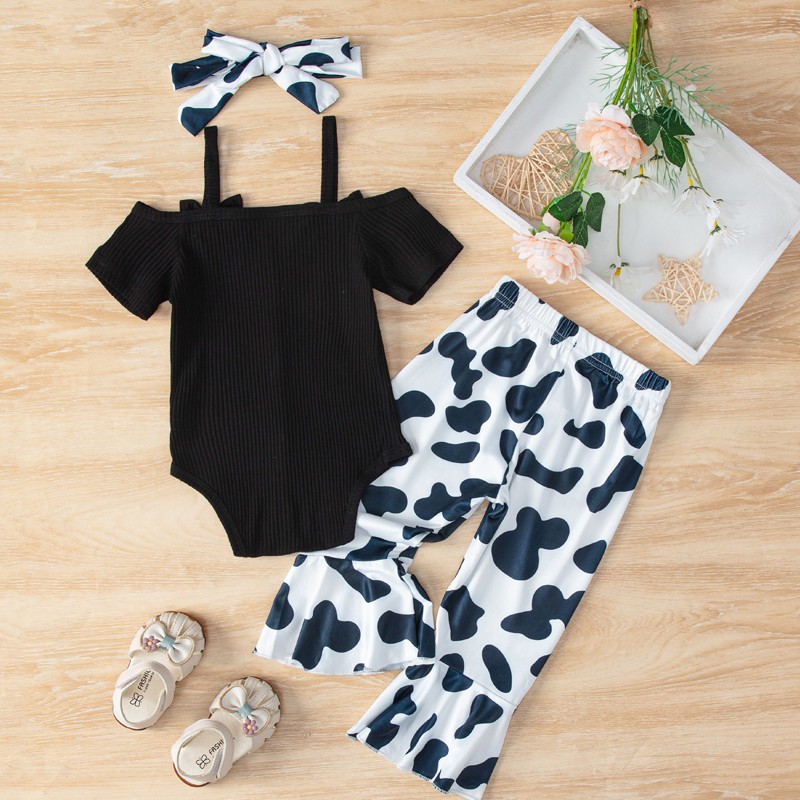 Baby Girl Flare Outfit Ribbed Bodysuit Button Romper Cow Print Bell Bottoms Set