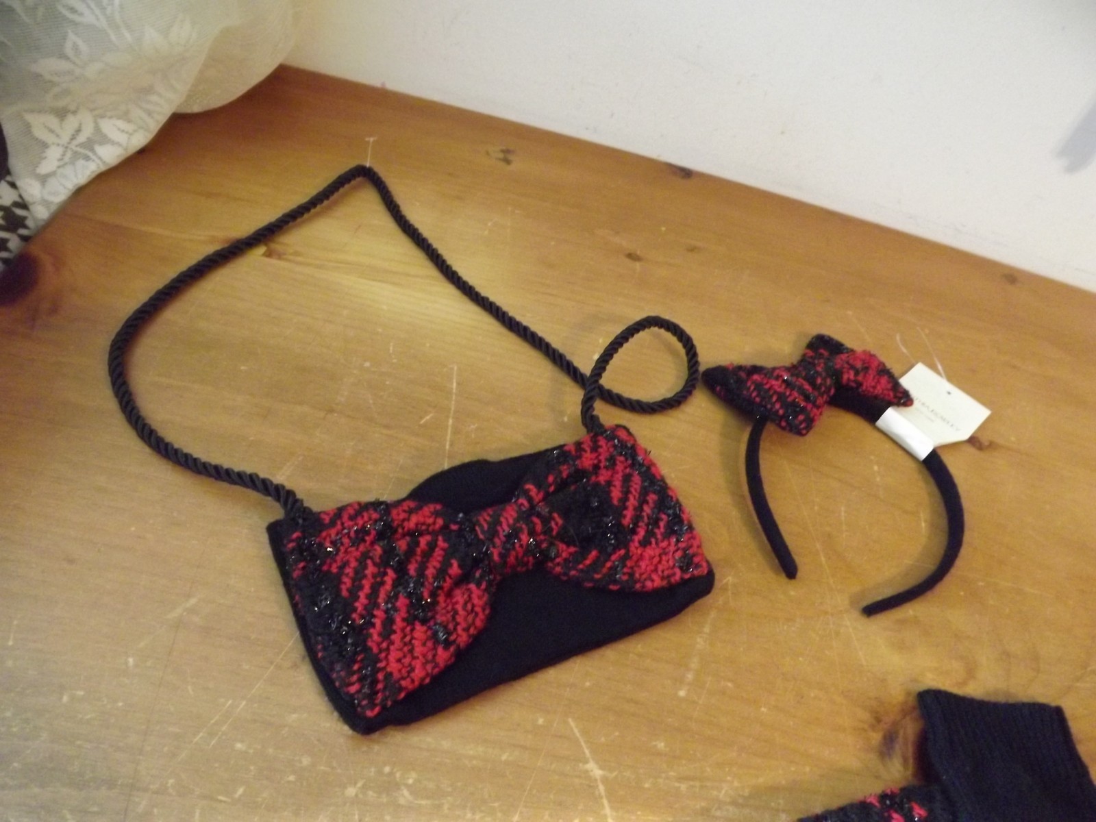 NEW 4PC CYNTHIA ROWLEY sweater skirt purse headband RED & BLACK TWEED SZ 7-8 NWT
