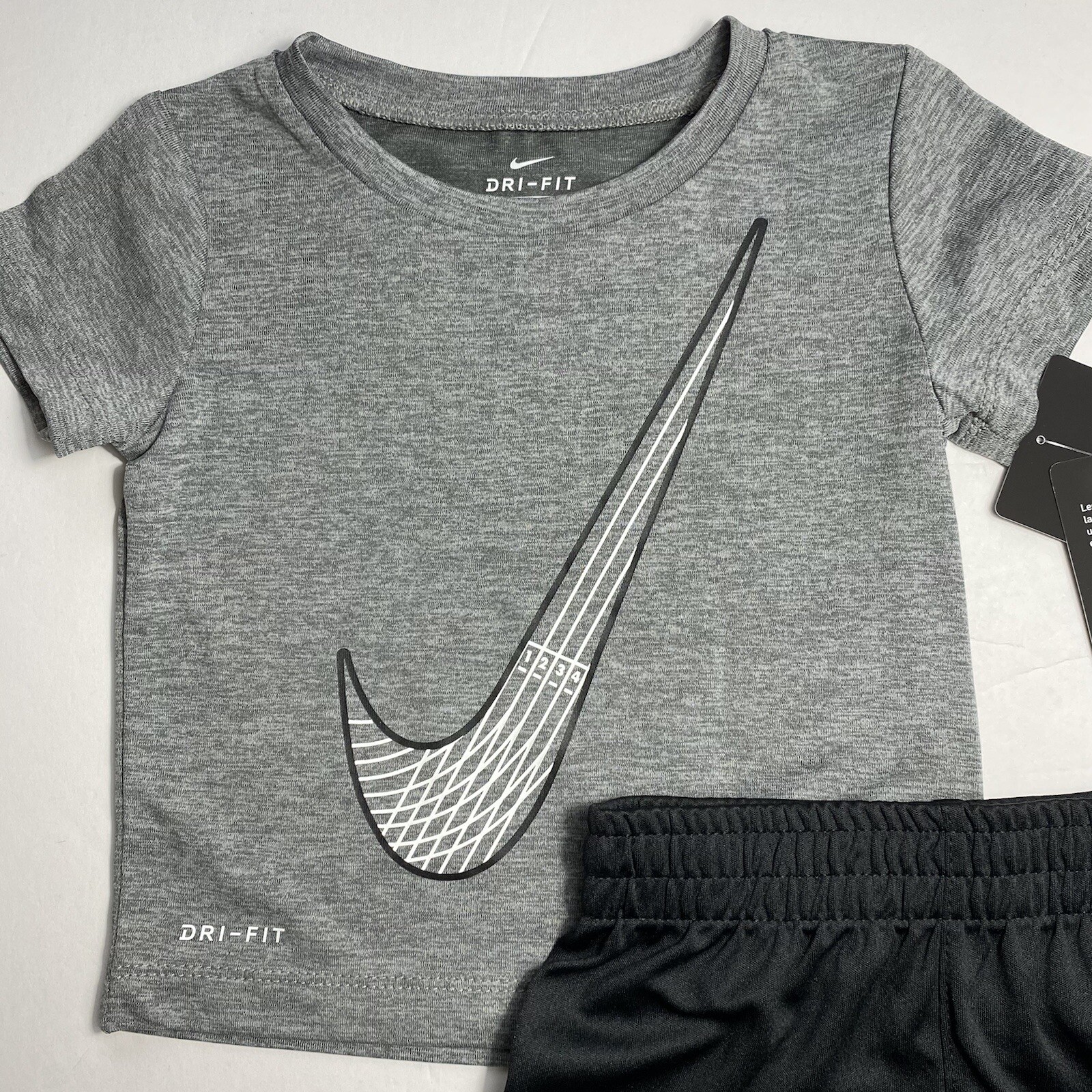 Nike Baby Dri-Fit Tee Shirt & Shorts Logo Set Outfit 12M Grey Black NEW