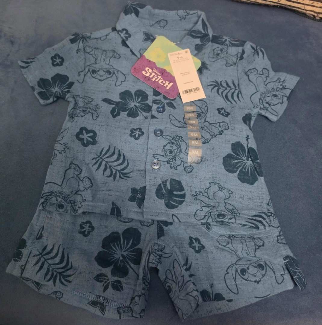 Carter’s Disney Stitch Tropical 2-Piece Woven Shirt & Shorts Set Blue 9M