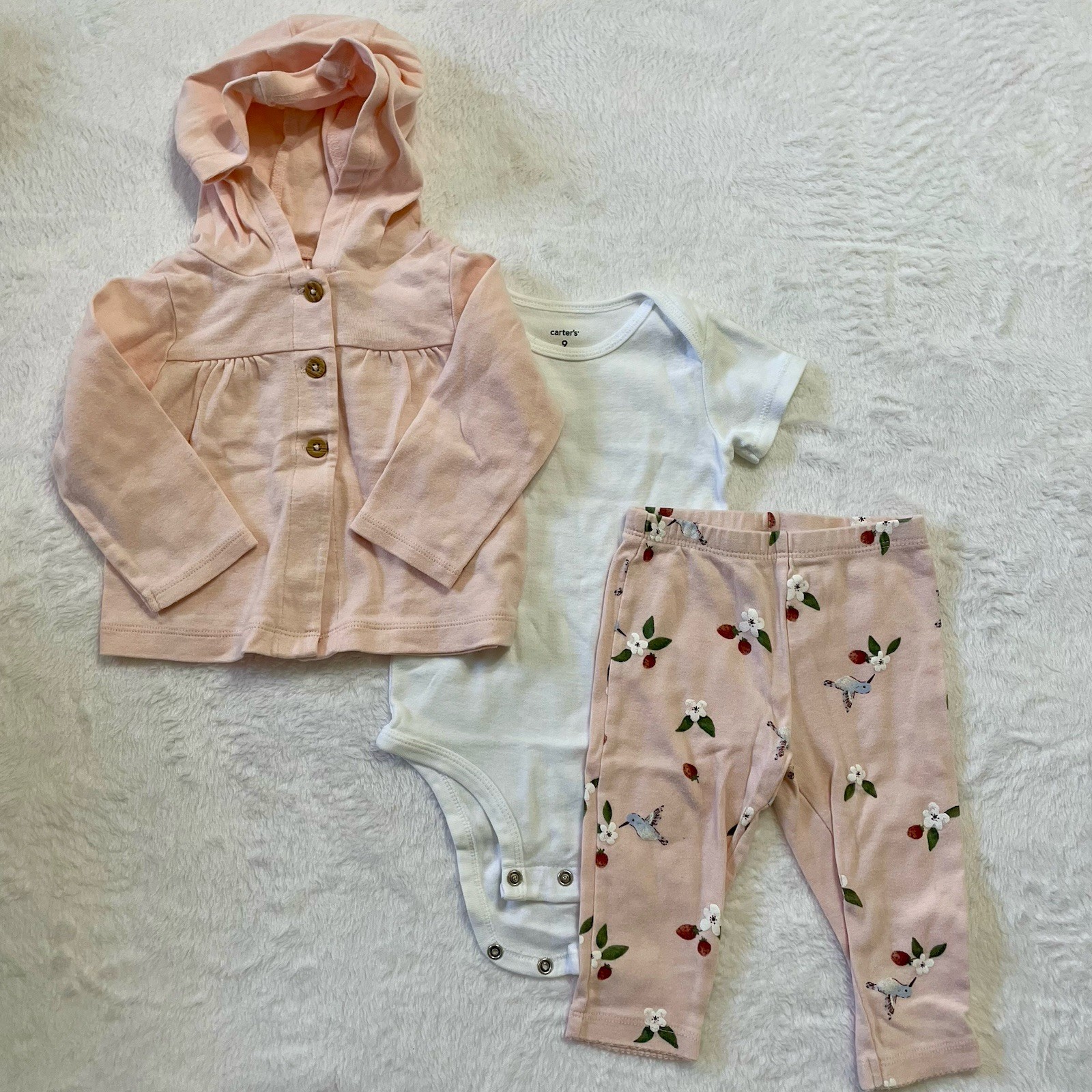 Carter’s 9M Pink Floral 3 Piece Set: Jacket, Body Suit, Pants (See Description)