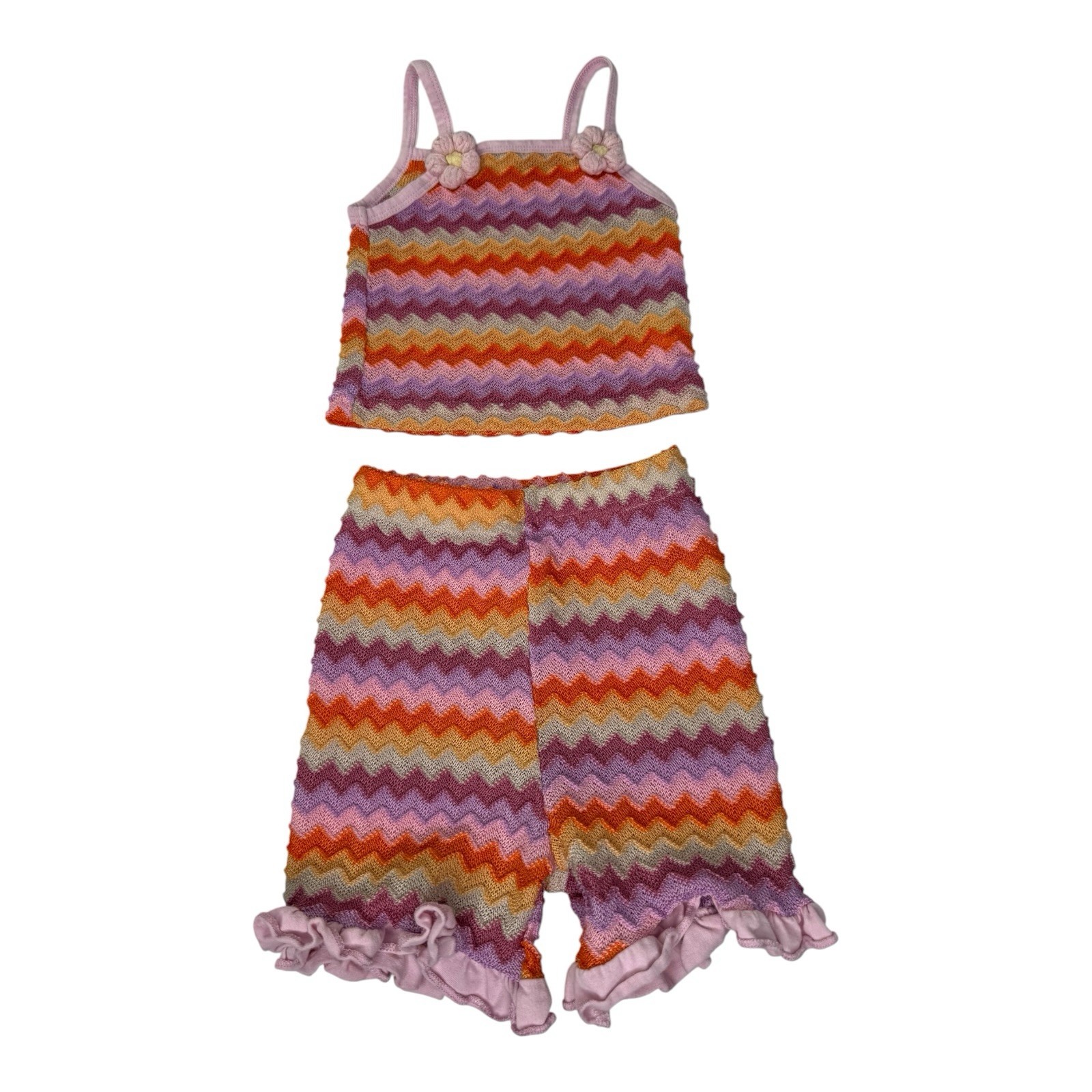 Girls 2-3Y Knit Chevron Tank Top & Shorts Set Pink Orange Purple Floral Straps