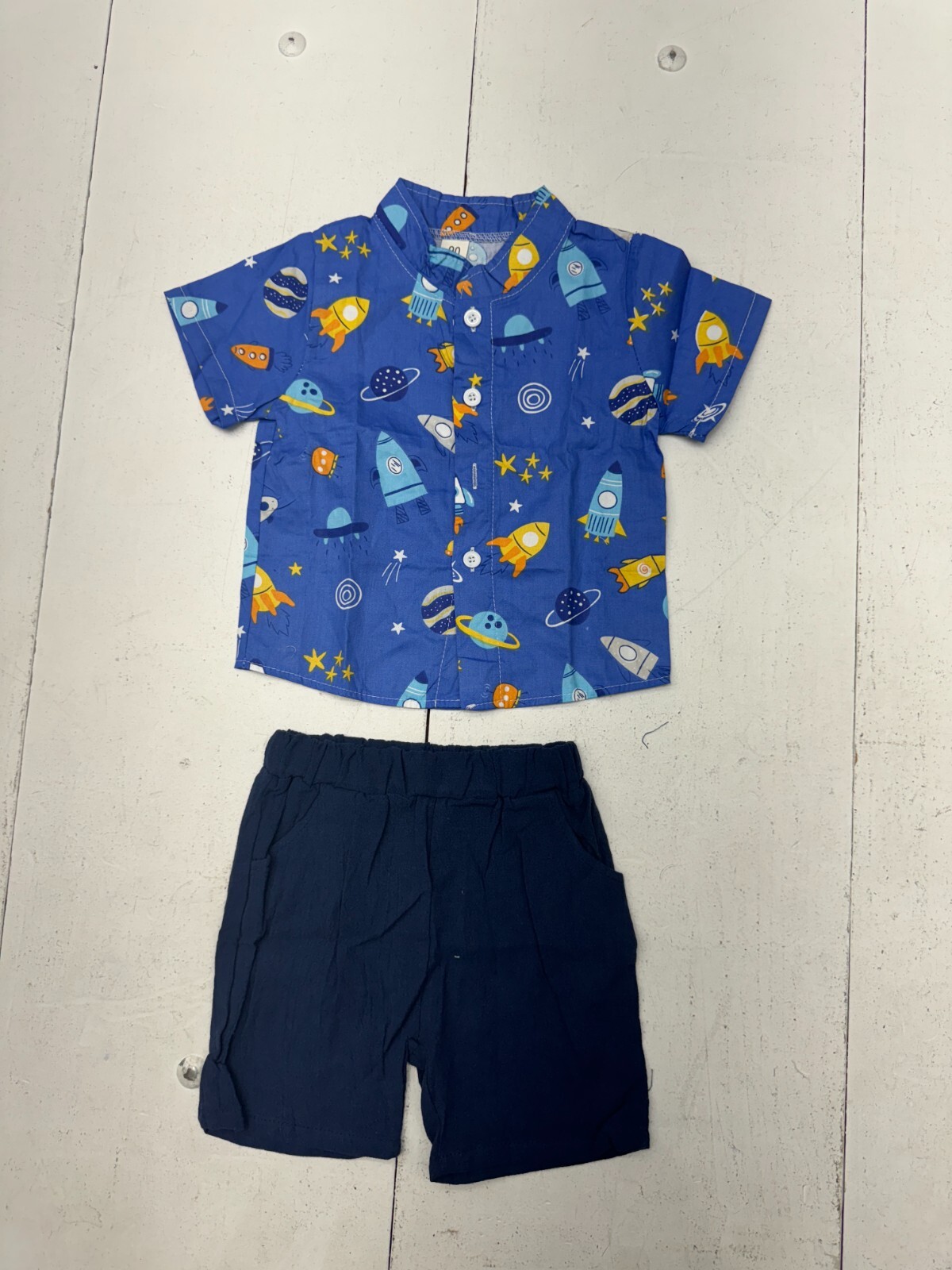 Shein Blue Space Theme Button Up Shirt & Shorts Outfit Boys Size 2-3