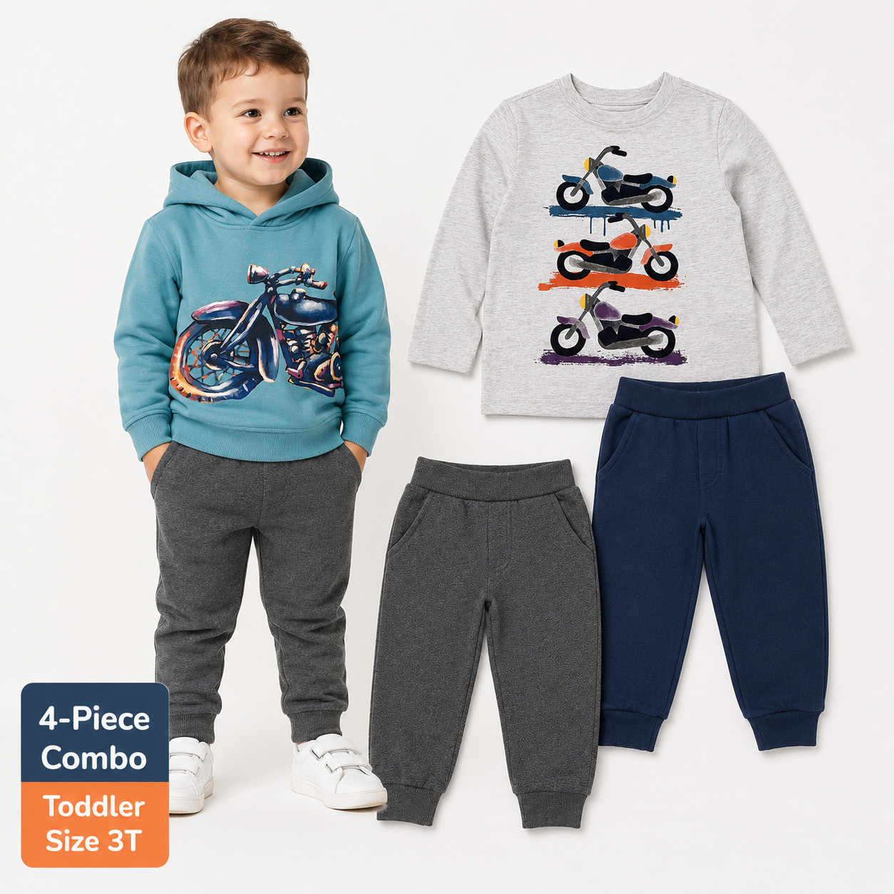 Boys 3T Vintage Motorcycle Graphic Hoodie Shirt Jogger 4 Piece Athletic Playset