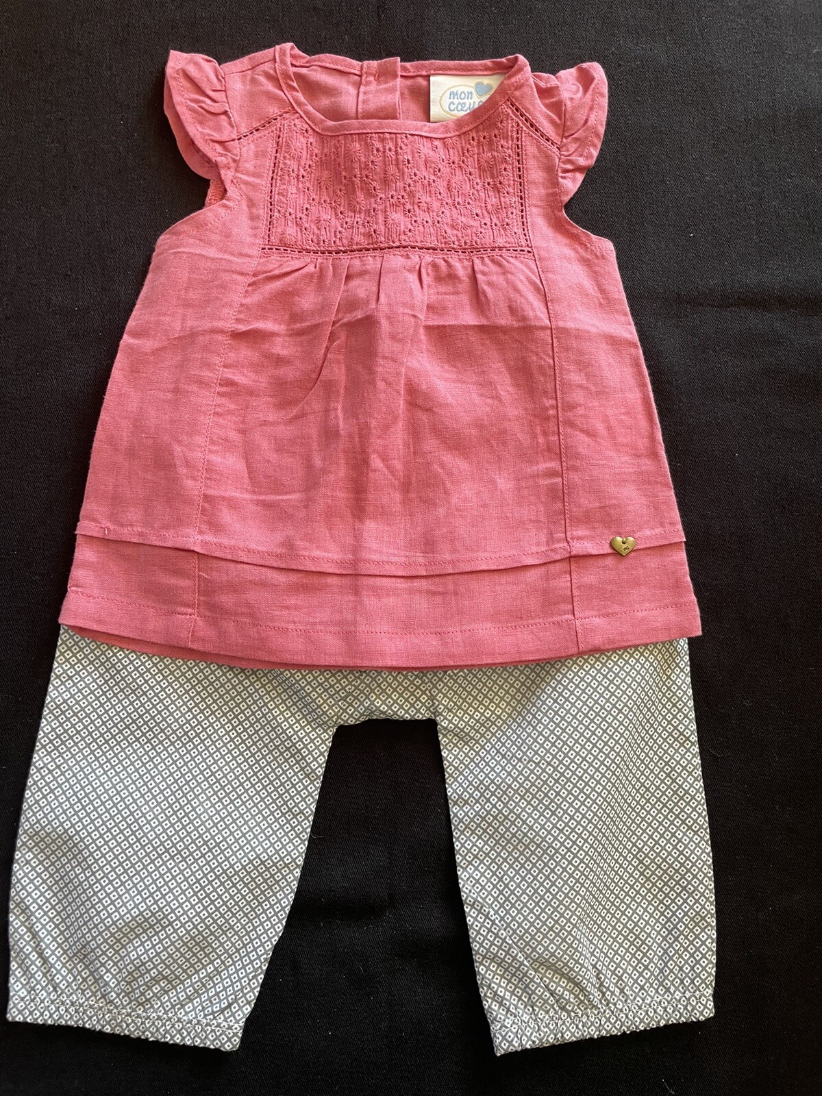 Mon Coeur NWOT Pink/Taupe Woven Linen/Cotton Blouse & Pants-6Mos (68cm)
