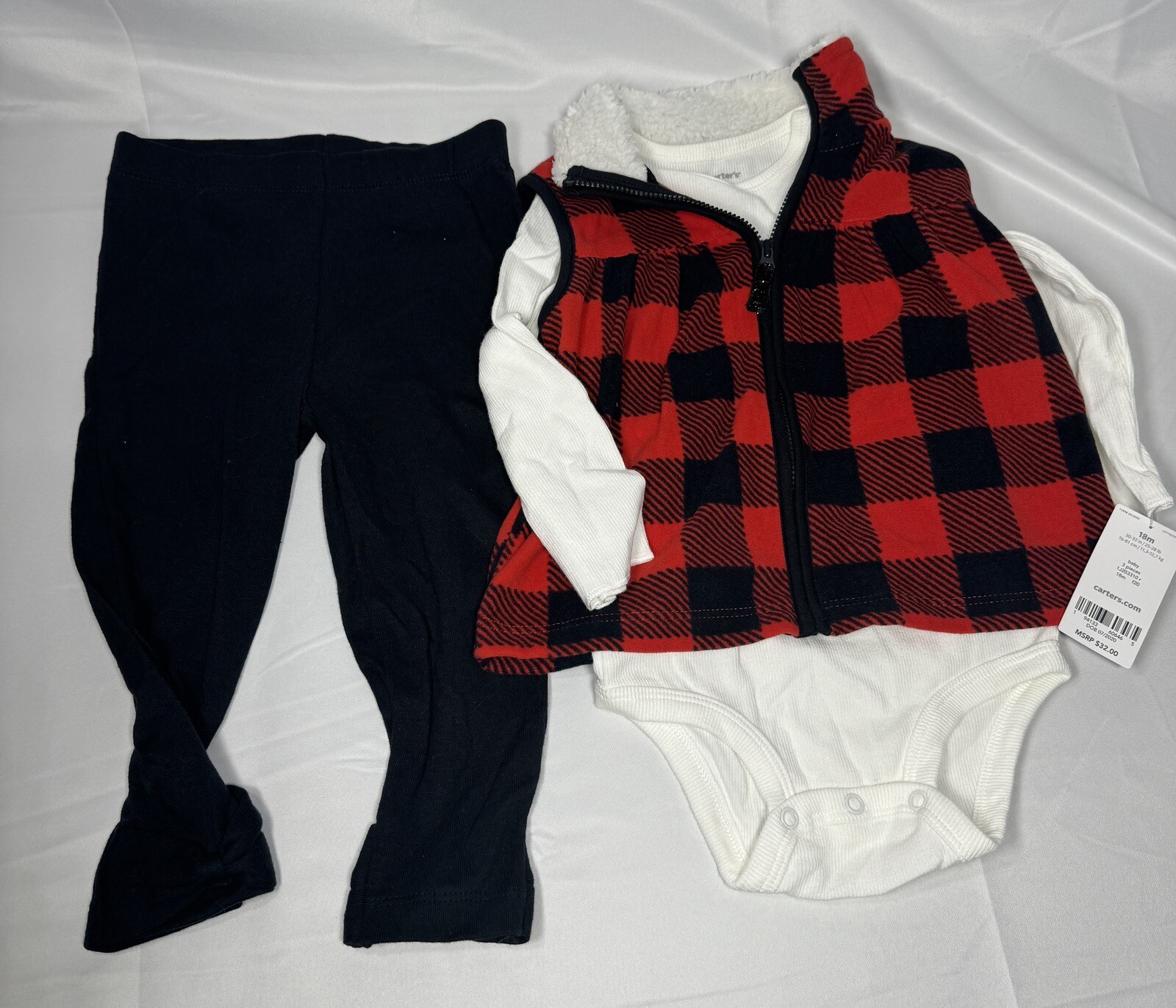 Carter’s Buffalo Plaid Set Christmas Red Vest White Top Black Pants Girls NEW