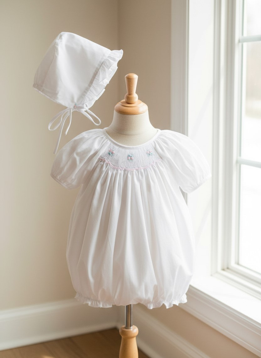 NWT Petit Ami White Smocked 2pc Bubble Romper Preemie Bonnet Baby Girls Bonnet
