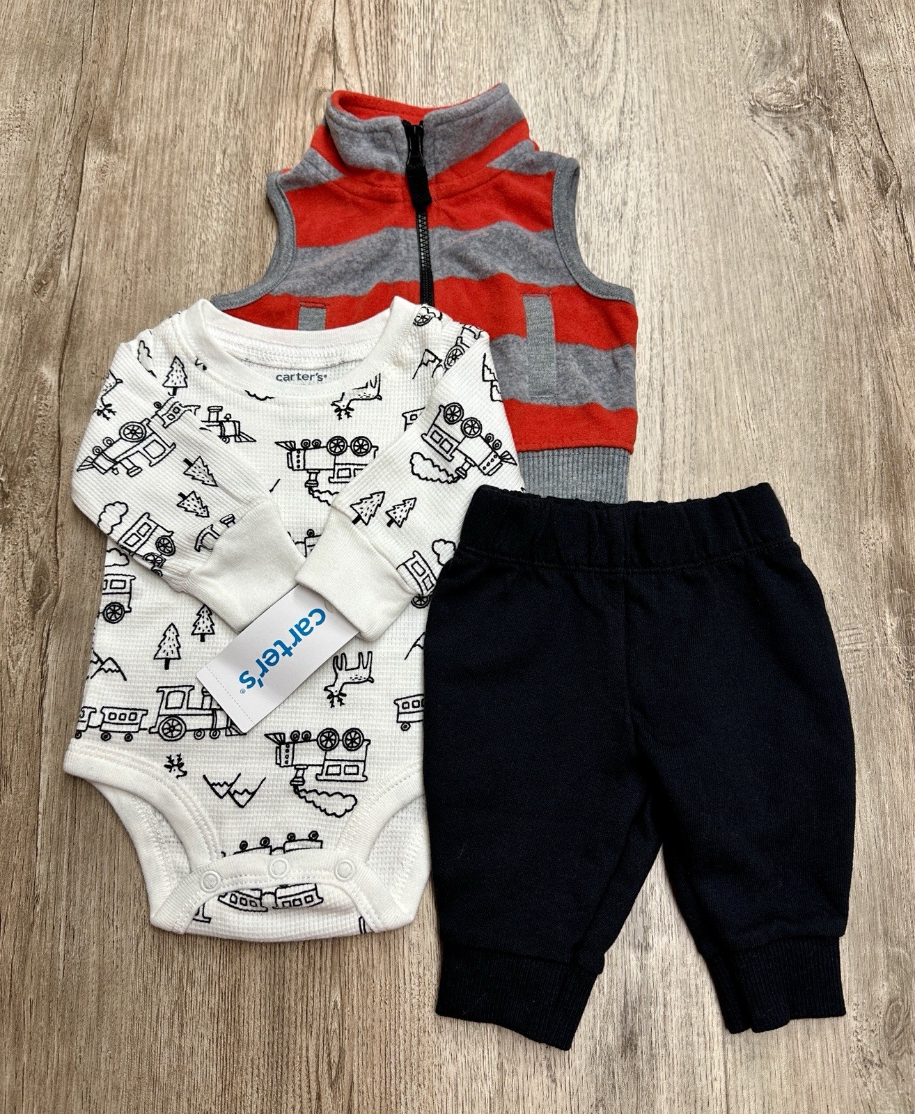 Carter’s Baby Boy 3pc Fleece Vest Bodysuit Pants Newborn Outfit Trains Deer NWT