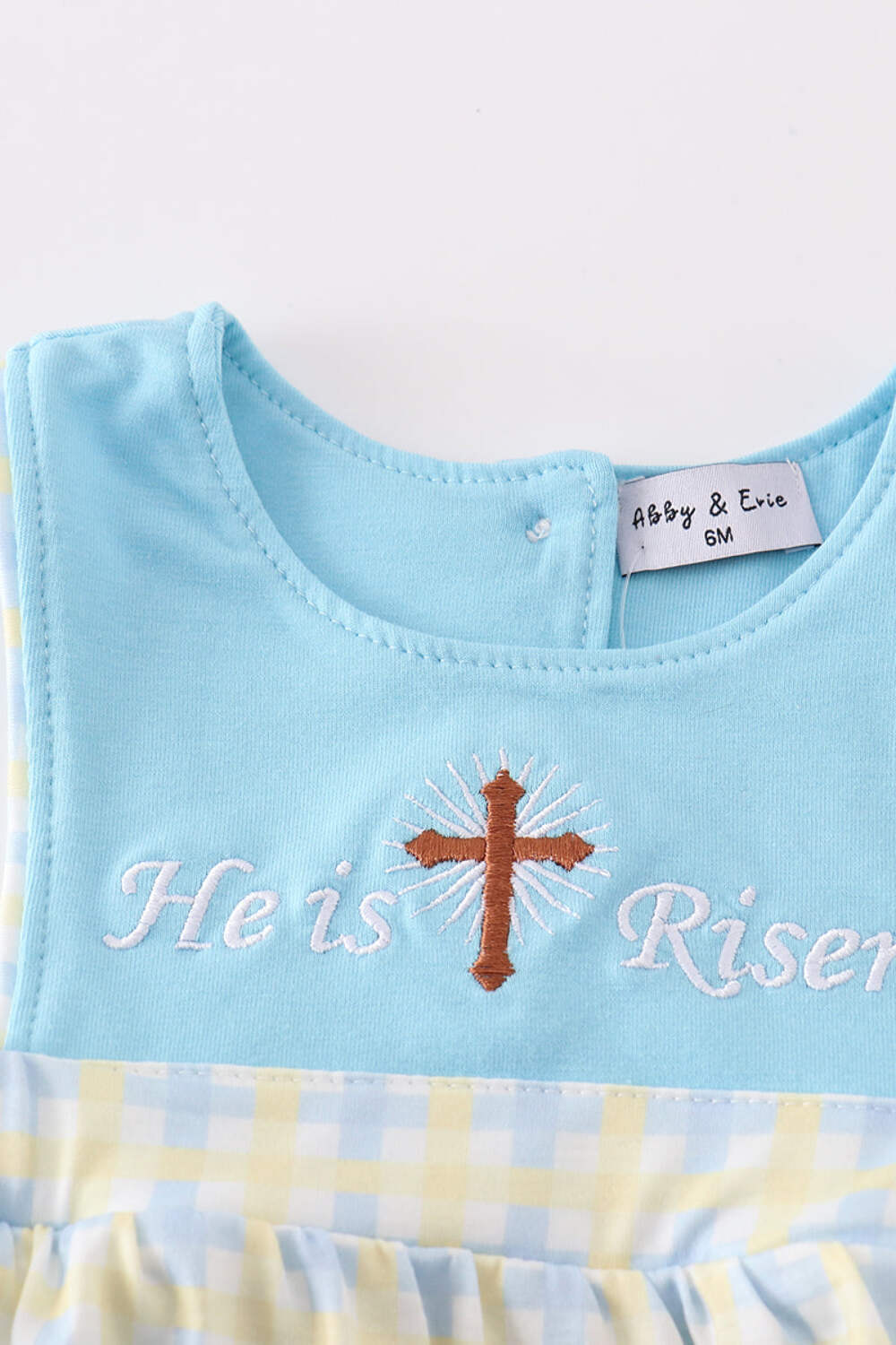 Boy’s Boutique Blue And Yellow Easter He Is Risen Applique Checkered Embroidered