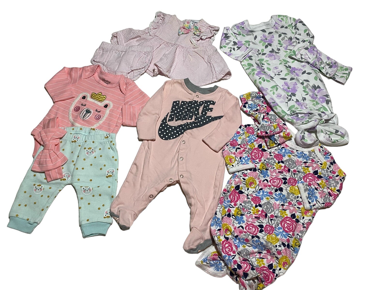 Baby Girl 3M 10pc Lot Nike Sleeper Gowns Outfits Floral Pink Cotton Headbands