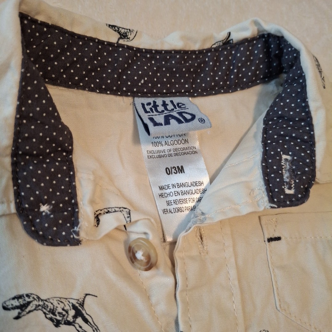 Cream Dino Print Botton Front Baby Shirt and Pants Set. 0-3