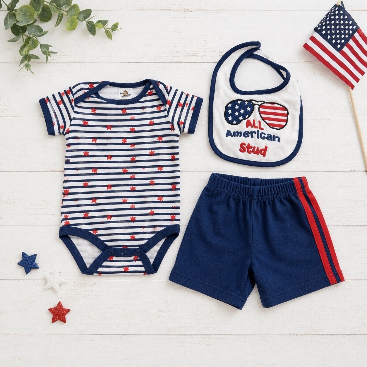 Baby Gear Boys 3Pc Patriotic Outfit Set Stars Stripes Bodysuit Shorts Bib 6-9M