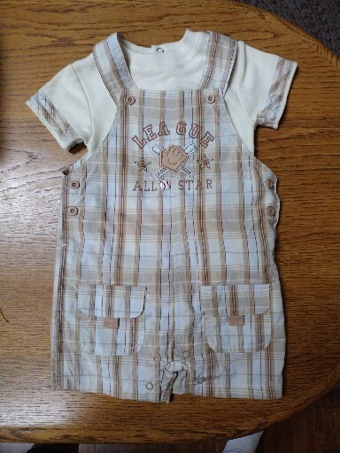 Baby Short Overalls and Shirt Set Size 6-9 Months Plaid Embroidered Baseball