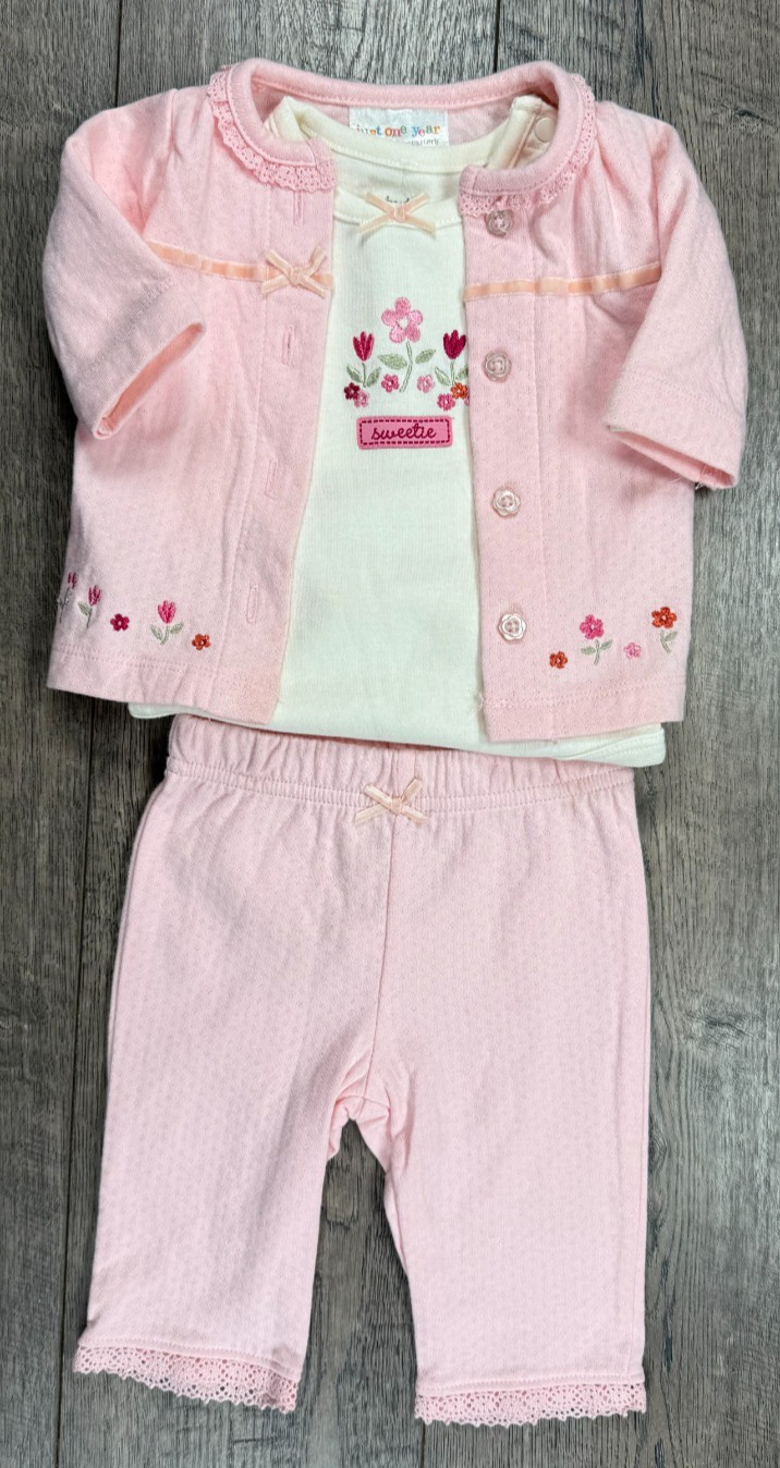 Baby Girl Clothes New Vintage Just One Year Newborn 3pc Pink Flower Outfit