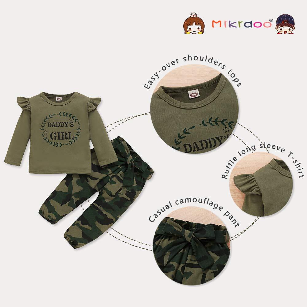 Mikrdoo 18-24 Months Toddler Girl Clothes Cotton Ruffle Shirt Top Camo Pants Set