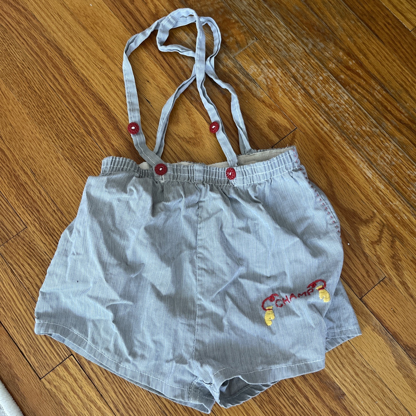 Vintage 1960s Stripe Suspender shorts Boxing Gloves, adjustable straps 9-12 mo.
