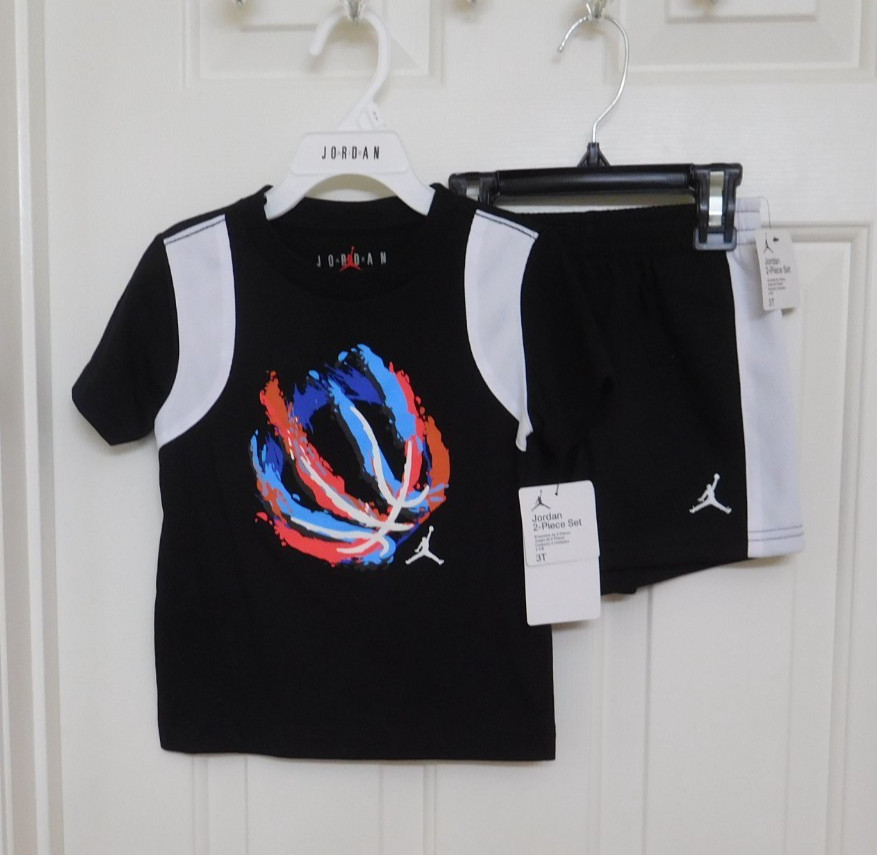 NWT 2pc Jordan Black Red Blue Shirt & Black Shorts Set sz 3t