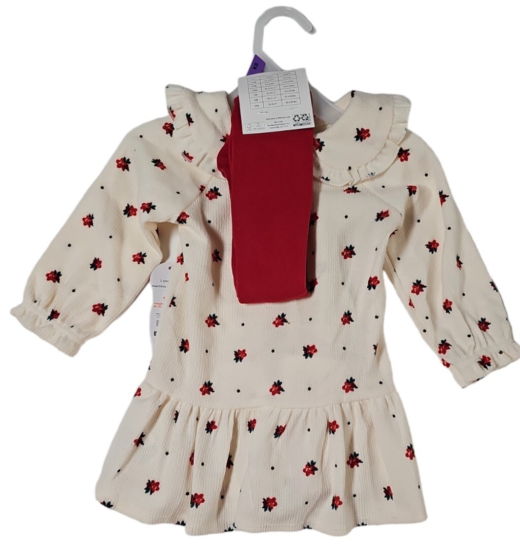 Infant Girls Cream Sweater Dress & Black Tights Stockings Set Baby Outfit 12M