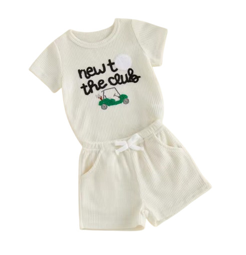 Baby Summer Outfit Golf Embroidered Crew Neck Romper & Matching Shorts 2‑Piece