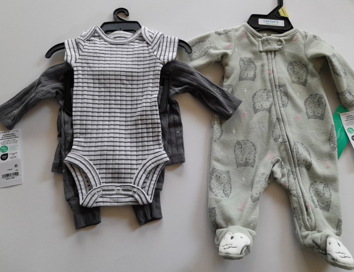 Carter’s Girls Preemie 3 Pc Gray Outfit + Green Owl Footed Sleeper Pajamas Set