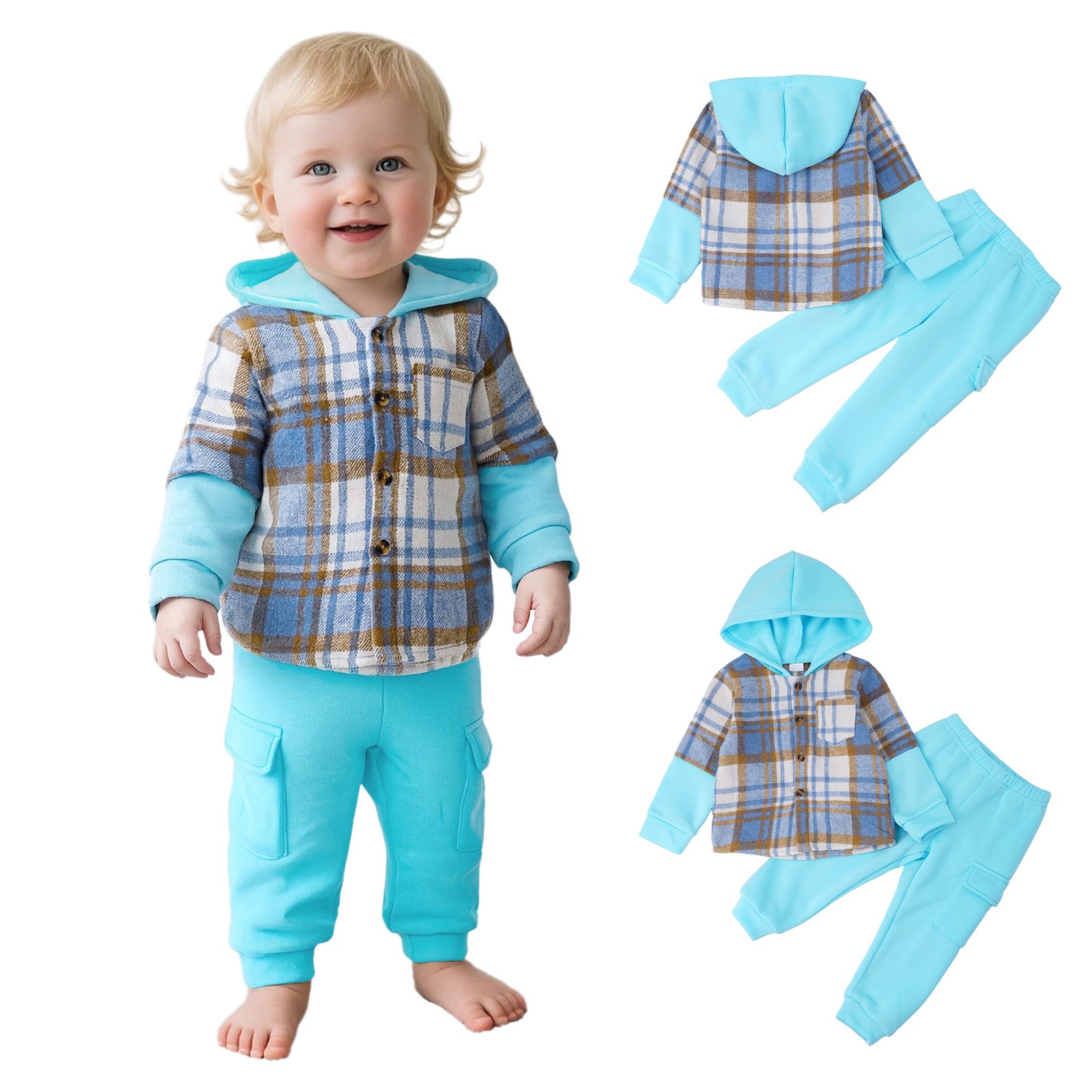 Infant Baby Boys Button Down Hooded Plaid Jacket with Pants Fall Sping Outfits