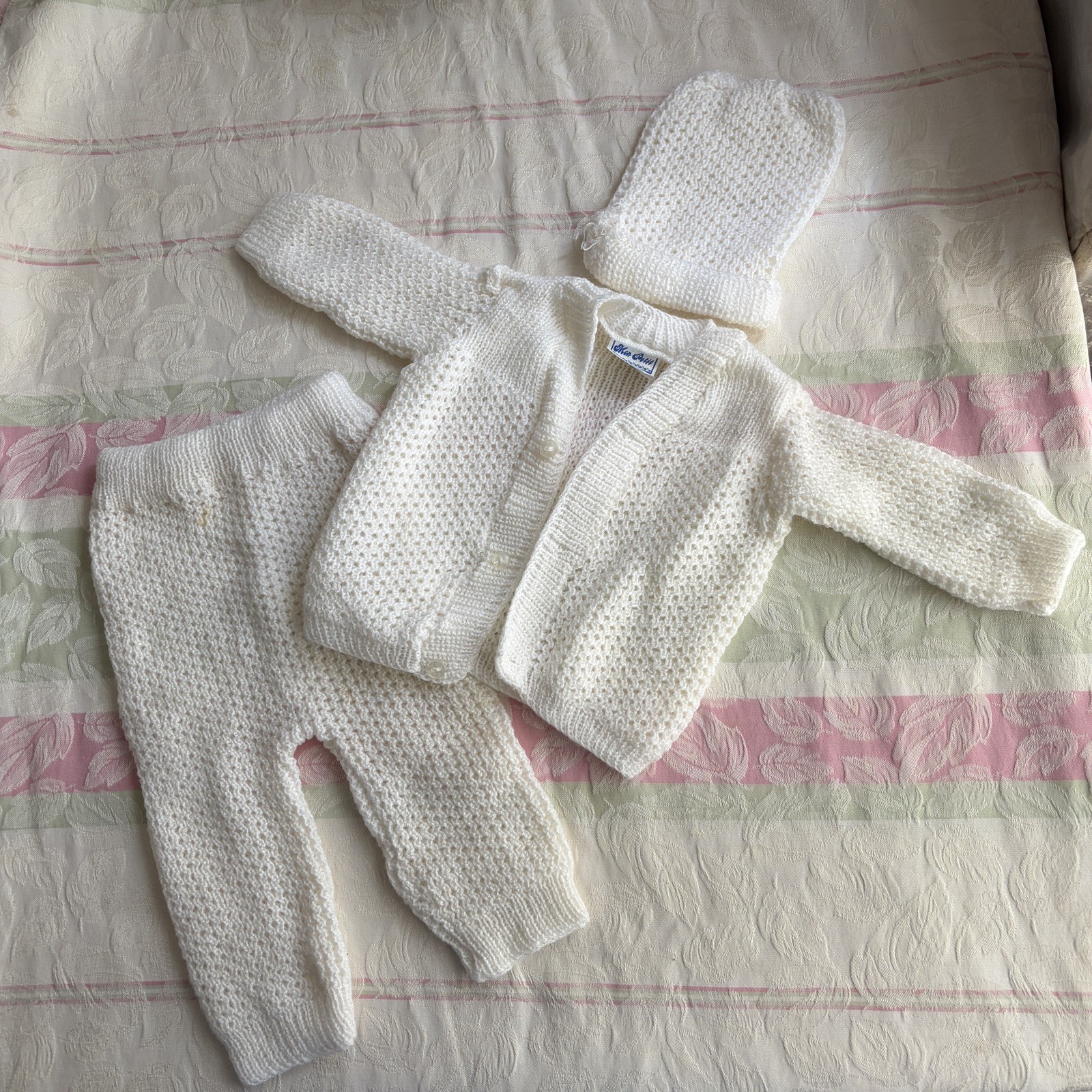 Vintage Mon Petit Newborn Knit Outfit Set White Sweater Pants Hat Cardigan