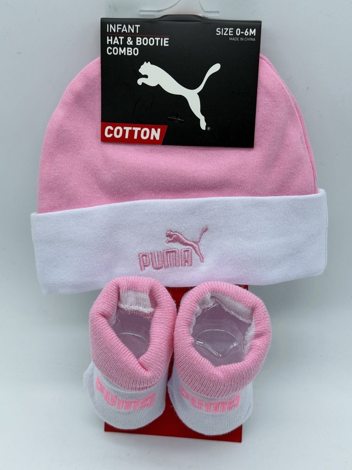 NEW 2 PIECE SET PUMA NEW BORN 0-6 MONTHS HAT / BOOTIES 100% COTTON PINK/ WHITE