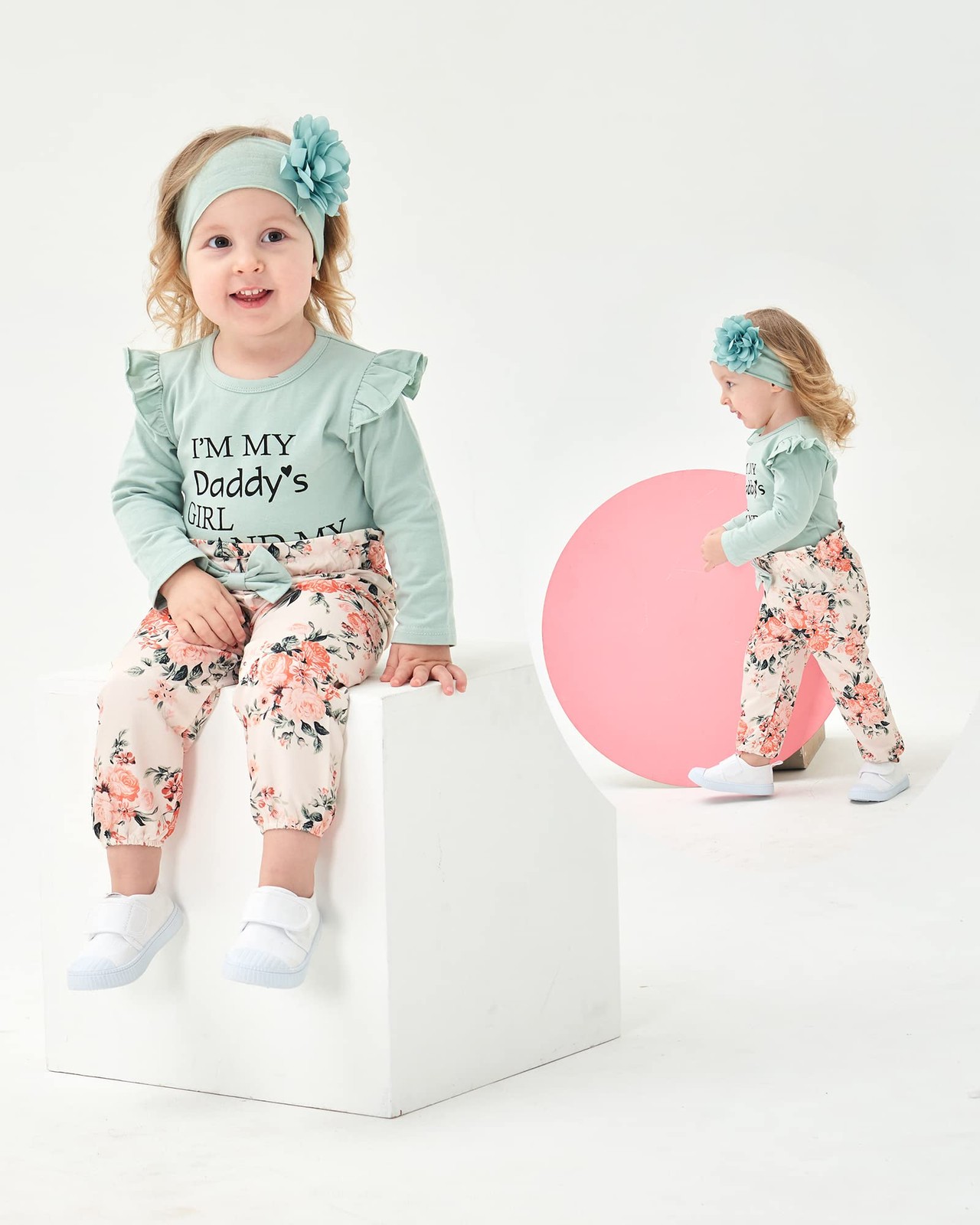 4PC SET 6-12 Months Infant Girl Outfit Clothing Pants Set Headband GREEN
