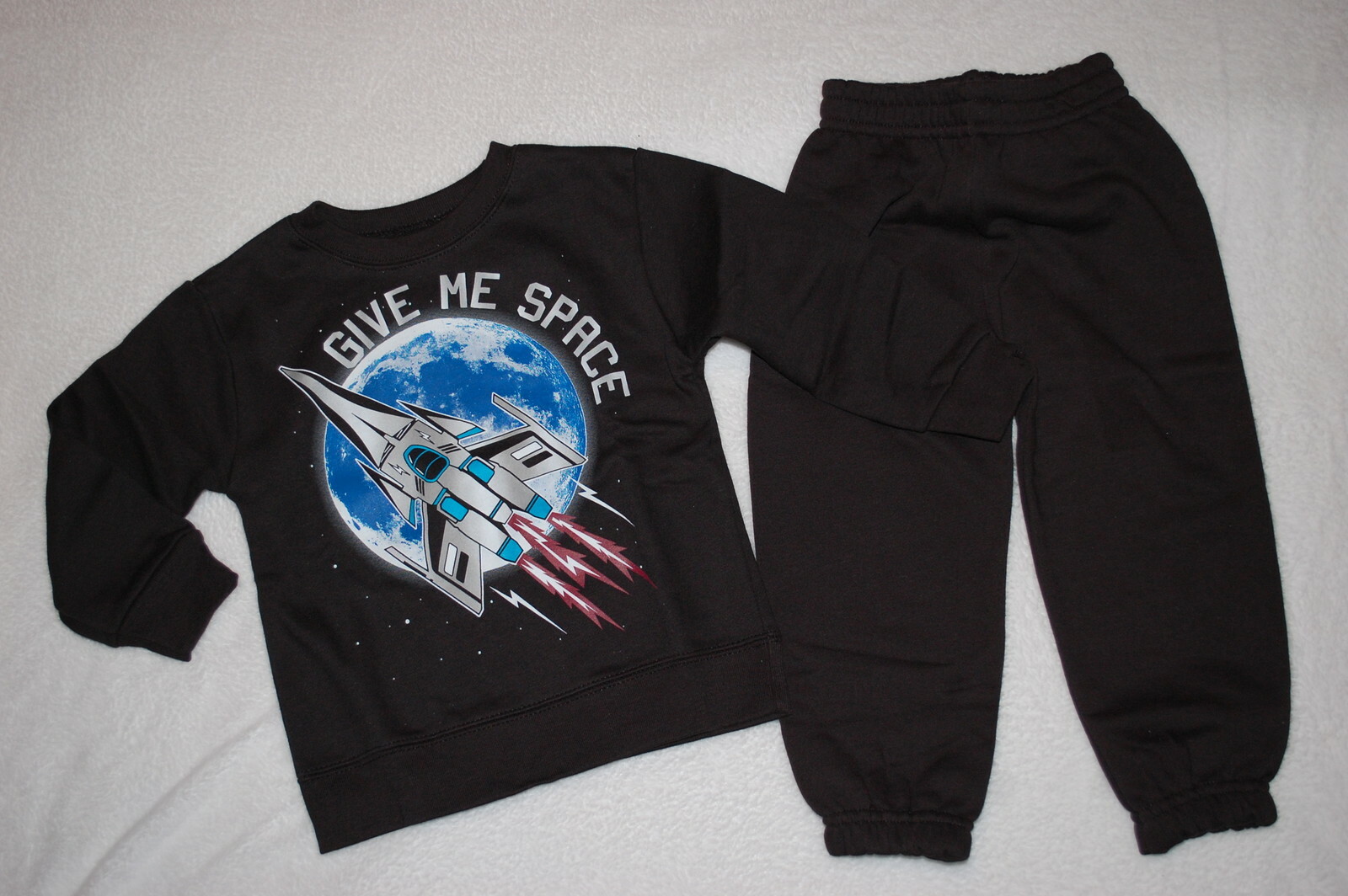 Toddler Boys Outfit BLACK SWEATSHIRT Rocket Ship GIVE ME SPACE Sweatpants 2T