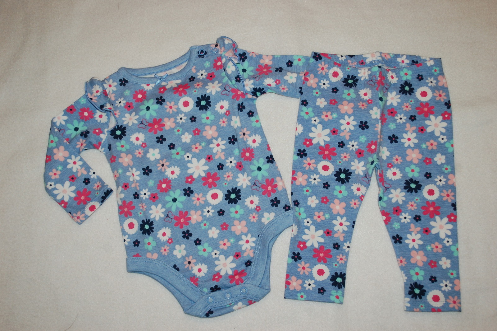 Baby Girls Outfit BLUE w/ MULTI-COLOR FLOWERS Leggings & L/S Shirt SIZE 24 MO