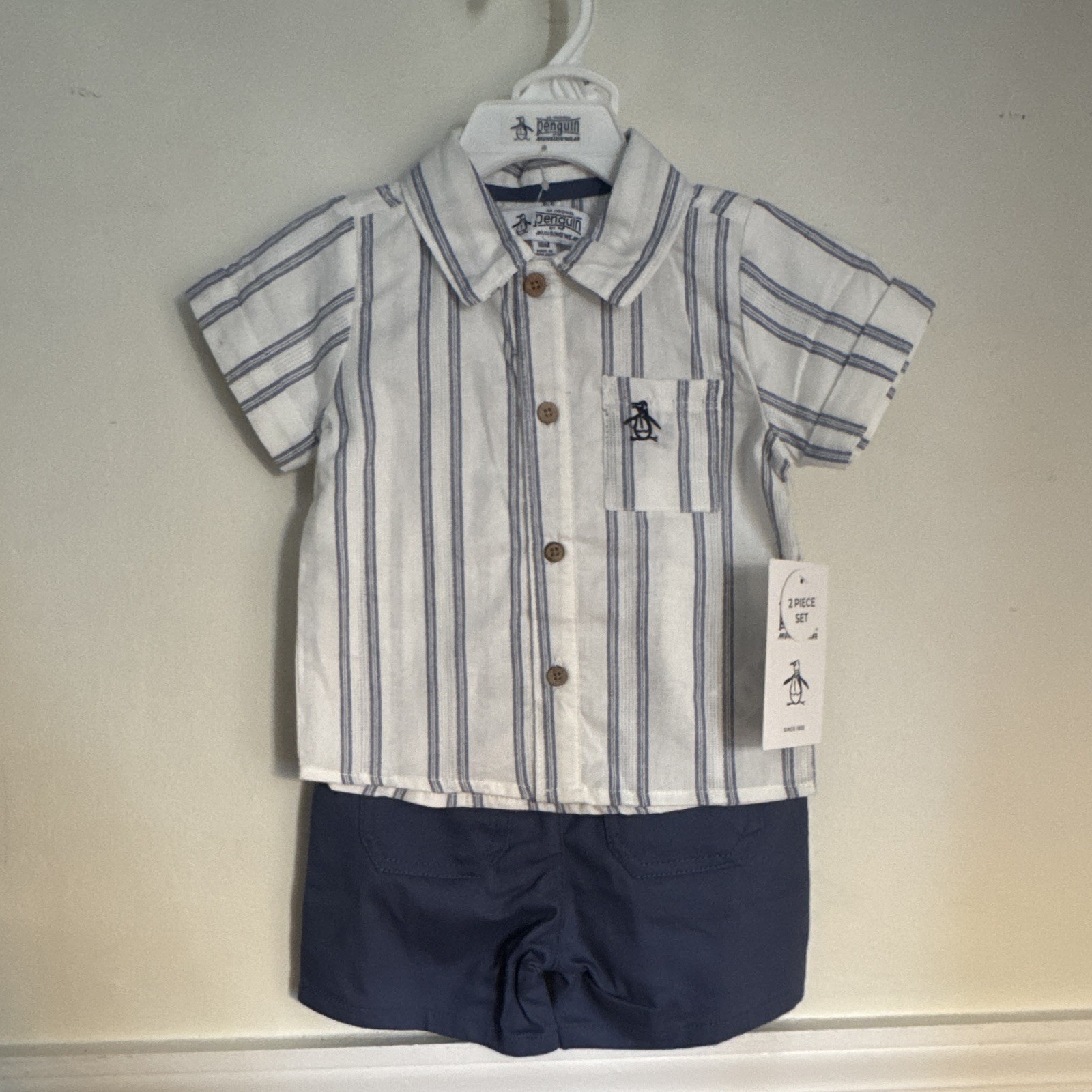 Original Penguin Boys 18M 2pc Striped Button-Front Shirt & Shorts Set Pockets