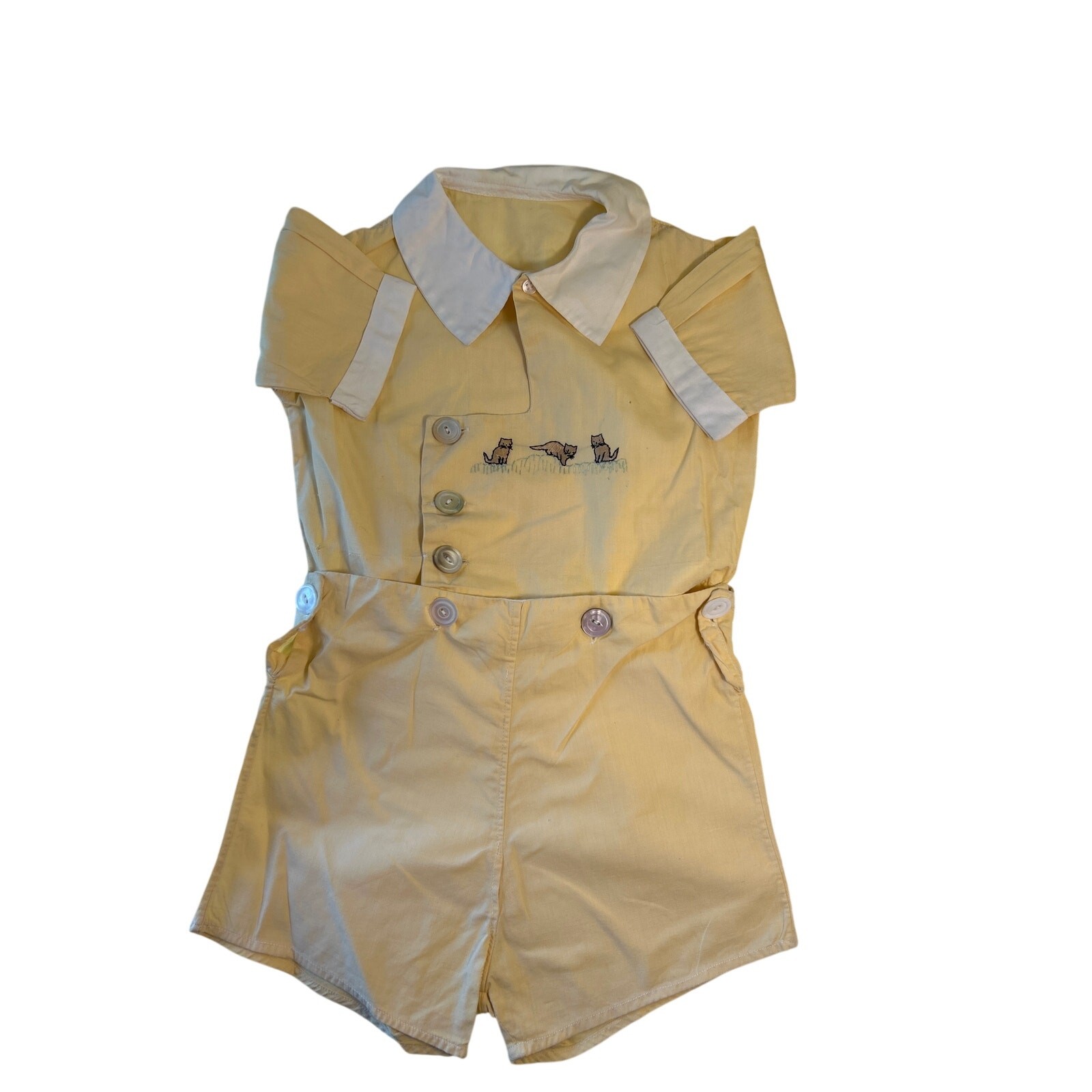 Vintage Toddler Yellow Shirt/Short Set, Homemade Embroidered Button Up Romper