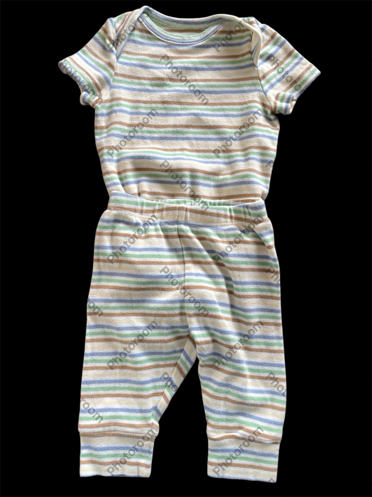Baby Gap EUC Green/Blue/Brown Stripe 100% Cotton Knit Bodyshirt & Leggings-3-6Mo