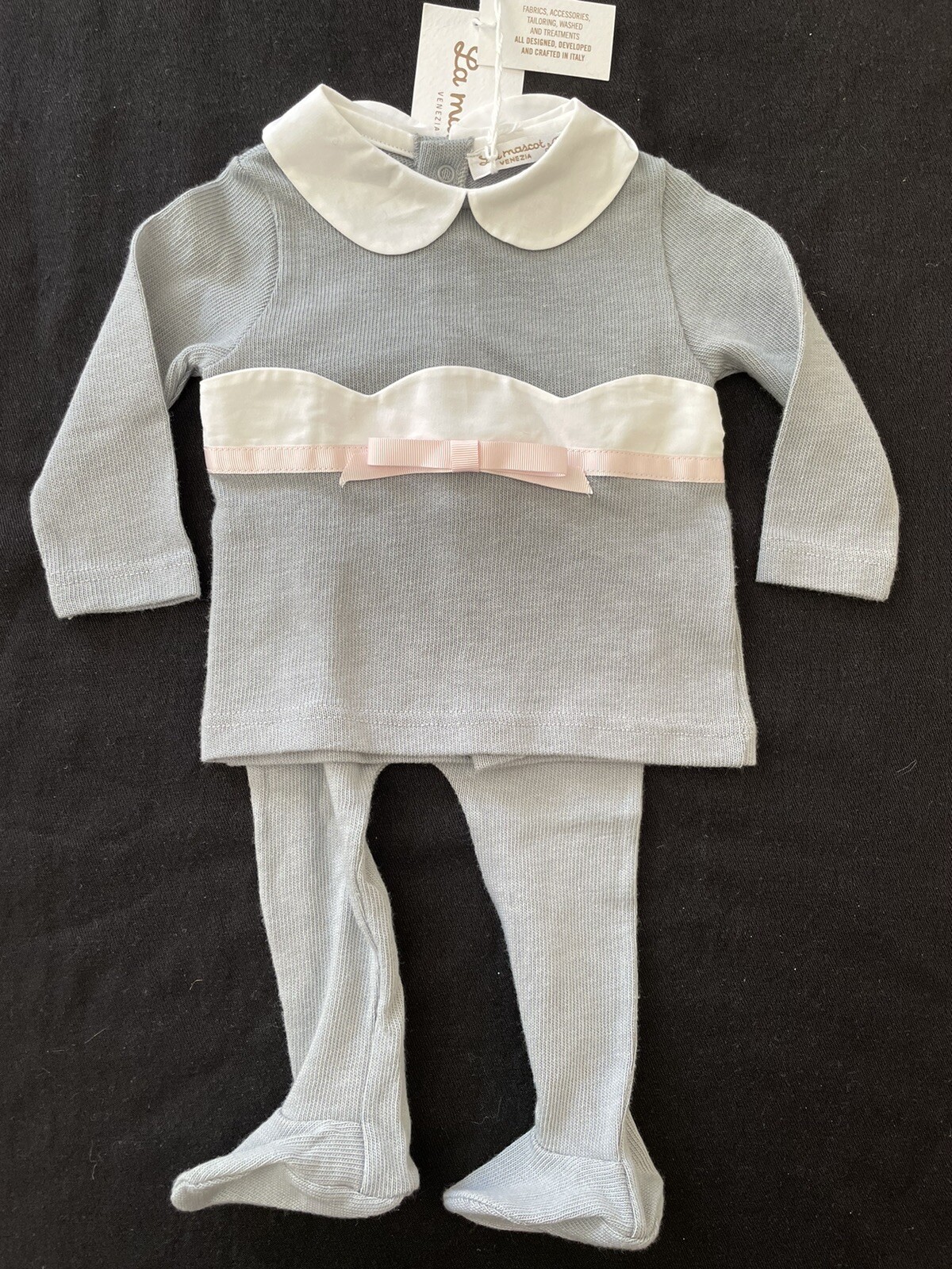 La Mascot (Italy) NWT Grey/White Pink 100% Cotton Knit Top & Footie Pants-3Mos
