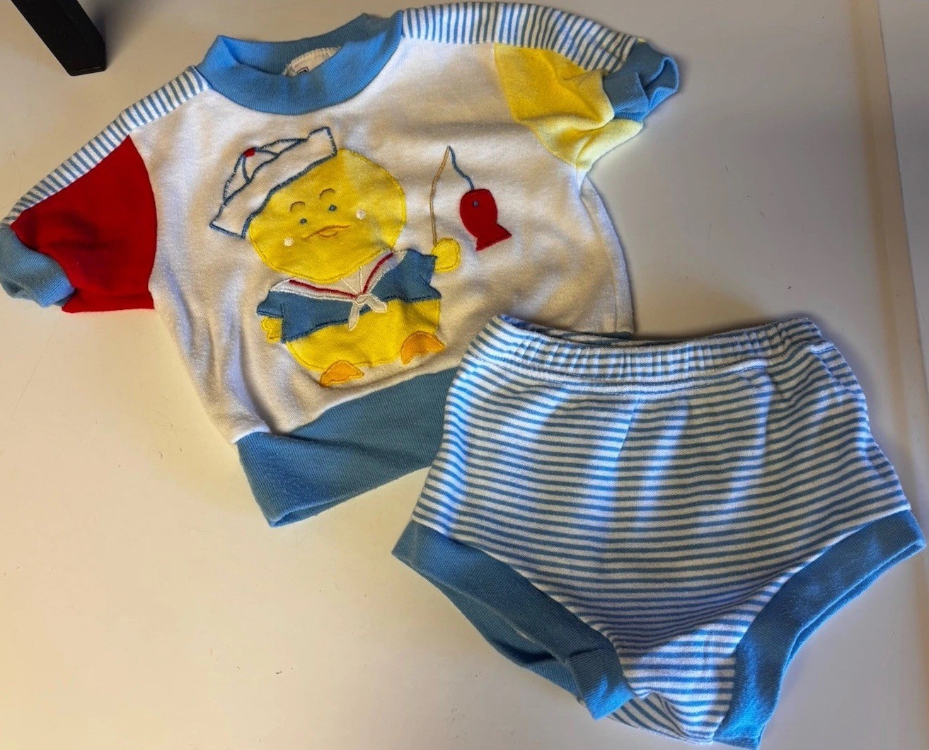 Baby Boy Outfit Vintage EL Kids 2pc Striped 6/9 Months Fishing Duck Sailor