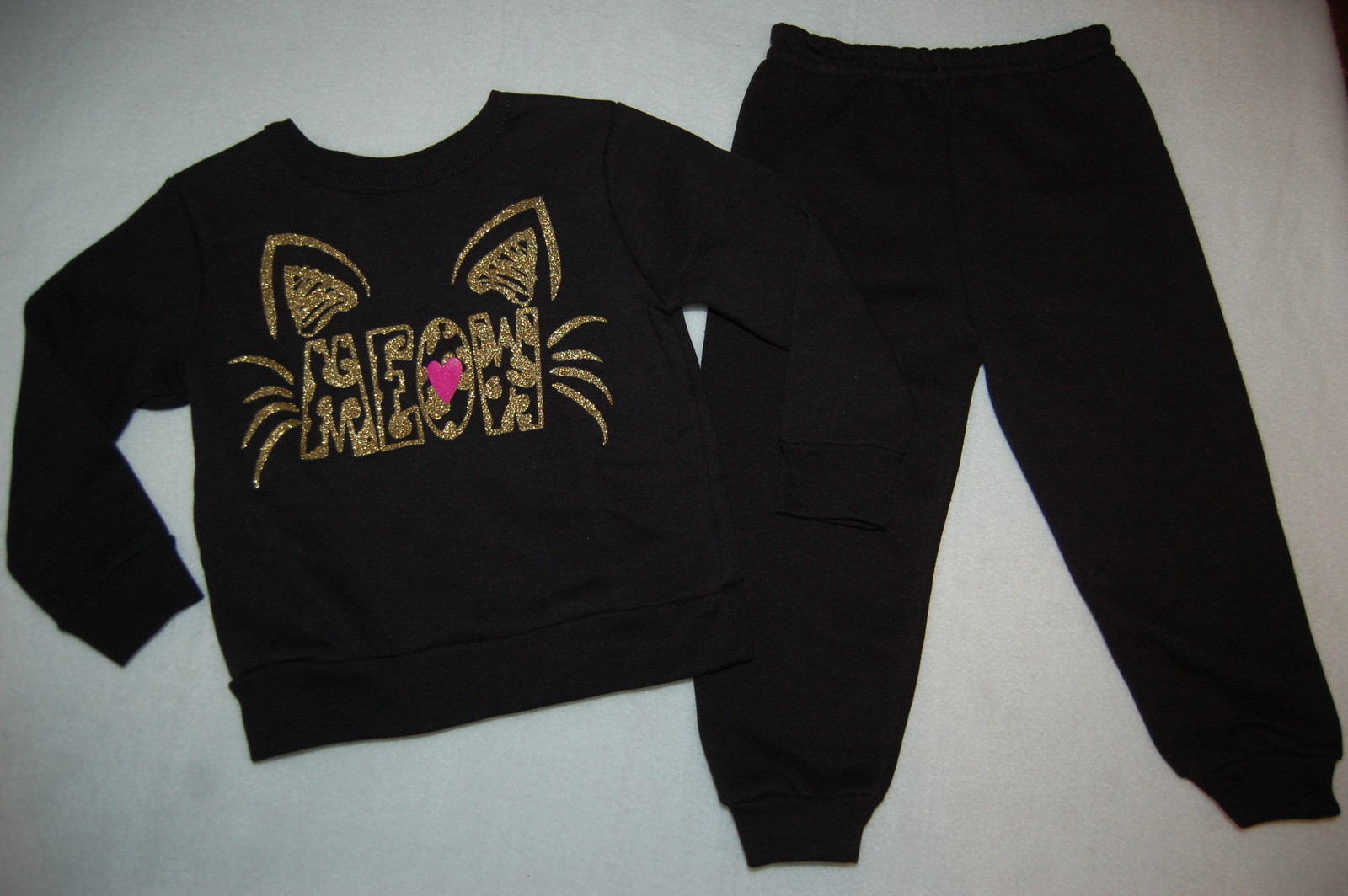 Toddler Girls BLACK SWEATSHIRT & SWEAT PANTS Gold Glitter MEOW Cat SIZE 2T 3T
