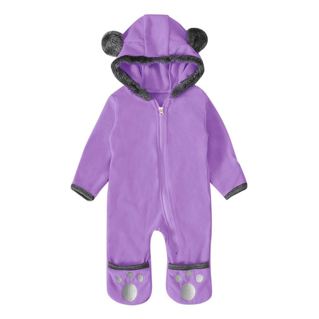 Boys Girls Bear Feet Polar Fleece Hooded Bodysuit Romper Jumpsuit Newborn Baby