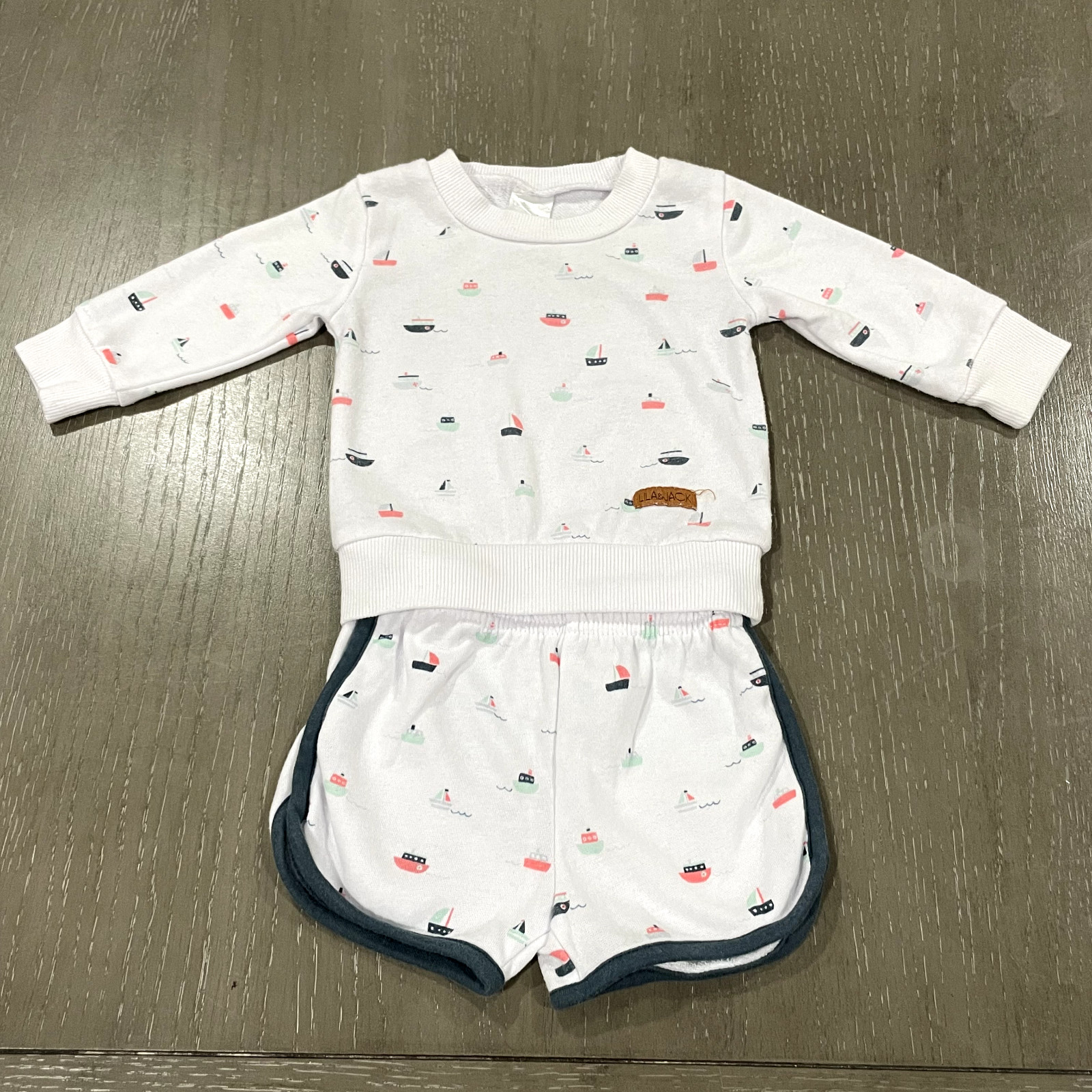 Lila & Jack Baby French Terry Pull Over Set Boat Print 3-6M & Short 6-9M