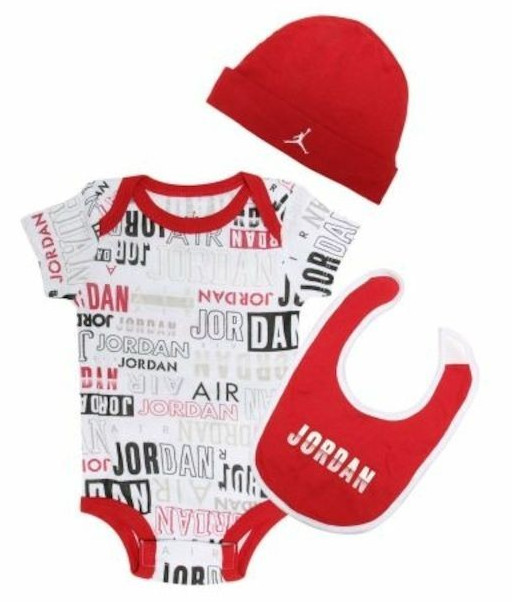 NIKE Air JORDAN AOP 3-Piece Baby Set Bodysuit Hat & Bib Newborn 0-6M Brand New!