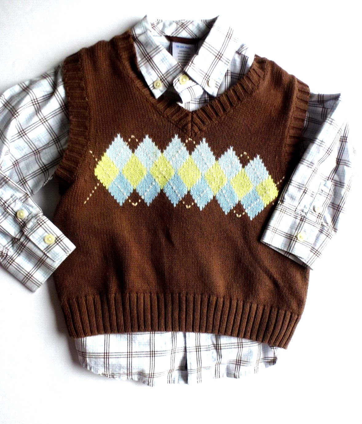 18-24 GYMBOREE Brown Blue Plaid Button Up Shirt & Brown Argyle Sweater Vest Set
