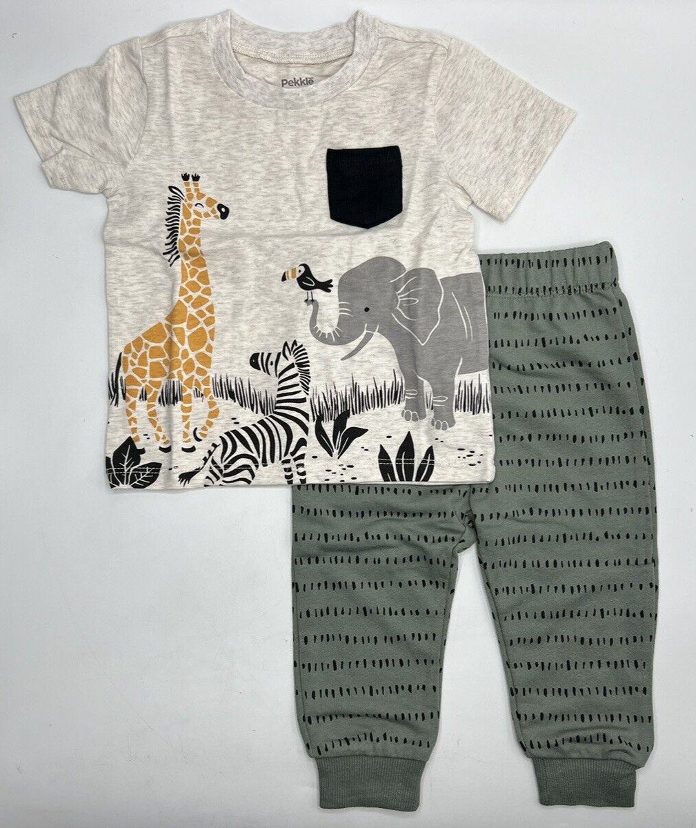 Boys Size 12M Pekkle 4-Piece Set Outfits T-Shirt Pant & Short Set Safari Animals