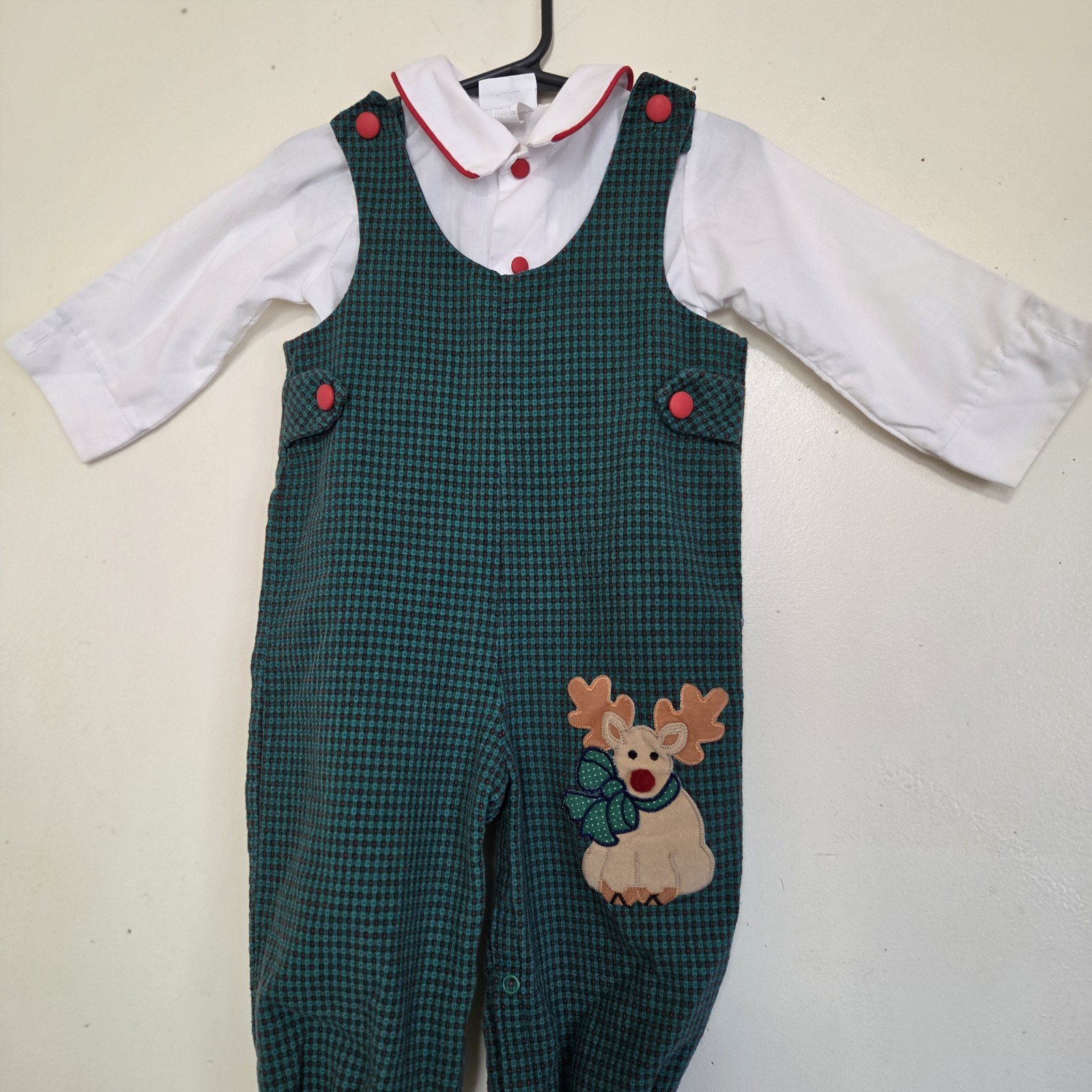 Reindeer Overalls Outfit Baby 18 Months Christmas Holiday Green Houndstooth 90s