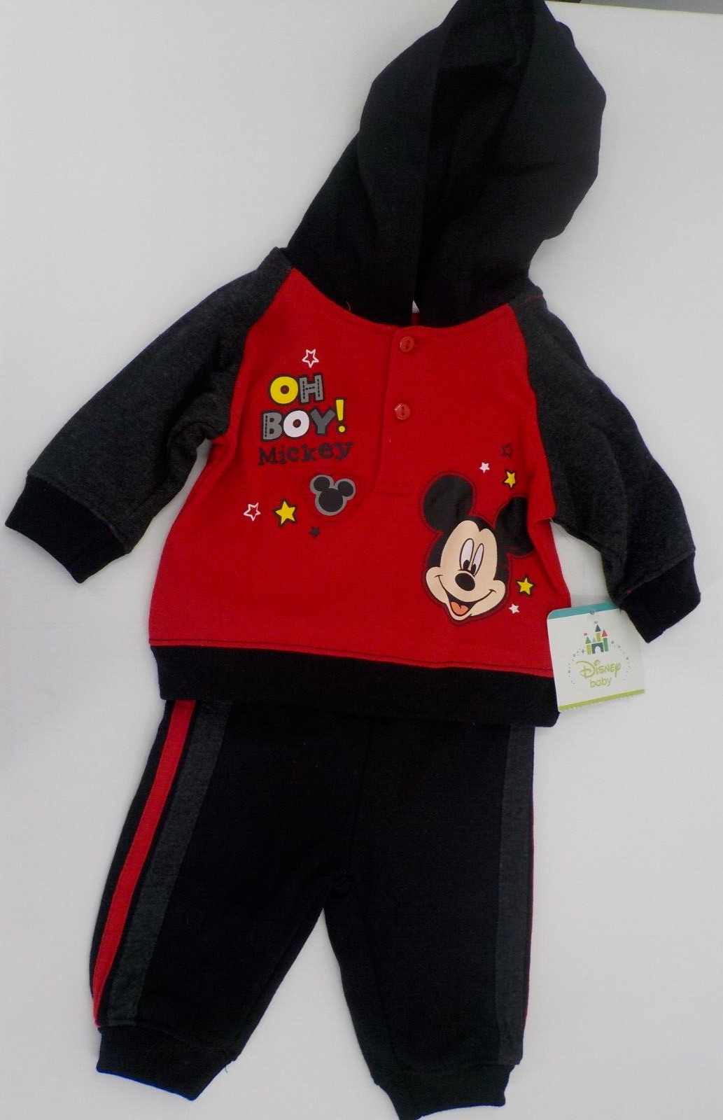 DISNEY BABY 2PC SET JACKET PANT NEWBORN BABY “OH BOY MICKEY” RED BLACK GREY NWD