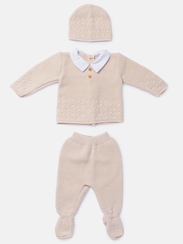 Baby boys knitted top trousers and hat set 0-3 months