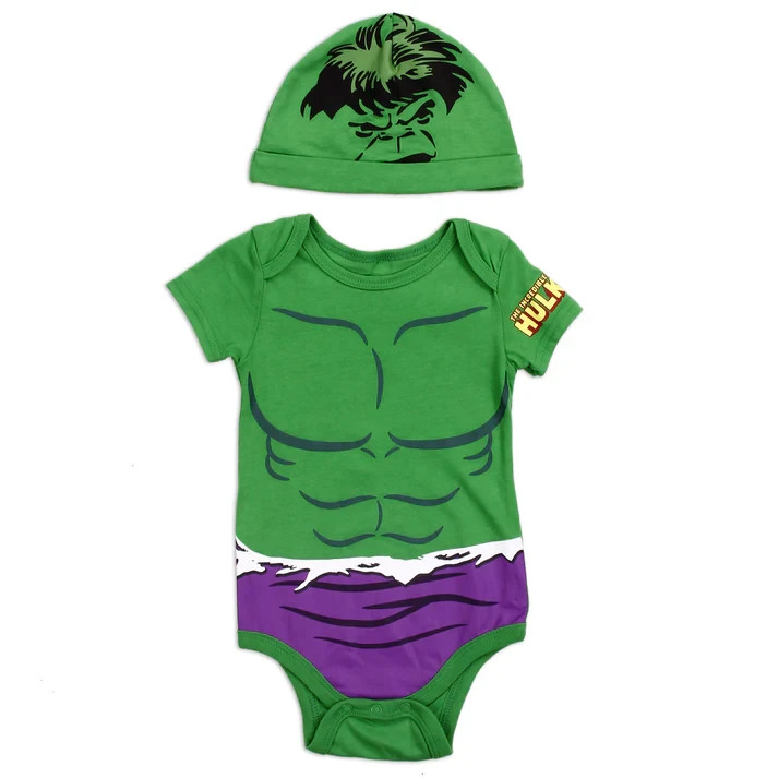 Marvel Baby Hulk Bodysuit & Hat Set – Infant Boys Creeper Costume Outfit, Green/